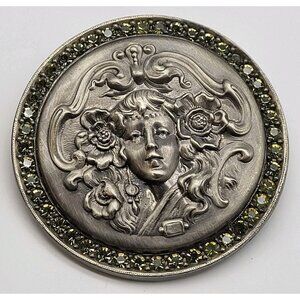 Stunning Vintage Goldette Brooch pin unsigned Art Nouveau Rhinestone large bold